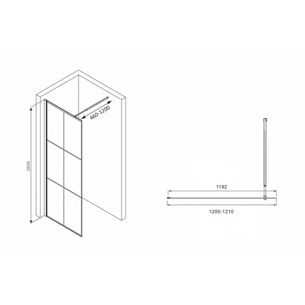 Душевая стенка Abber Immer Offen 120x200 стекло прозрачное, профиль черный (AG62120B8)