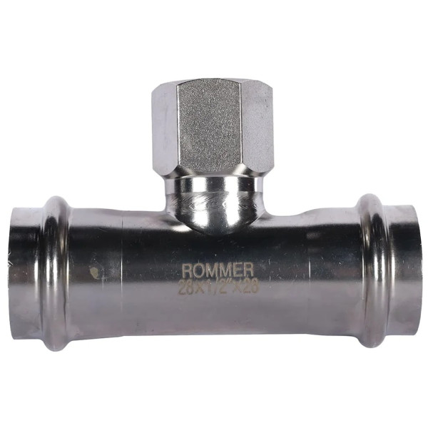 Тройник переходной 28х1/2"Вх28 Rommer из нержавеющей стали (пресс) (RSS-0015-002812) Тройник переходной 28х1/2"Вх28 Rommer из нержавеющей стали (пресс) (RSS-0015-002812)