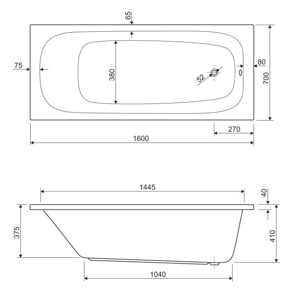 Ванна акриловая Cezares Eco 160x70x60 белый (ECO-160-70-41-W37)