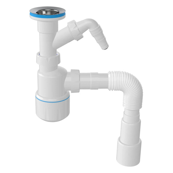 Сифон 32 мм бутылочный Nova с выпуском 1 1/4"х64 мм с 1-им отводом и гибкой трубой 1 1/4"х40/50 (1056)