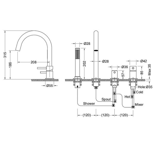 Смеситель на борт ванны Timo Saona черный врезной, излив, лейка 3 режима, шланг для душа (2320/03Y)
