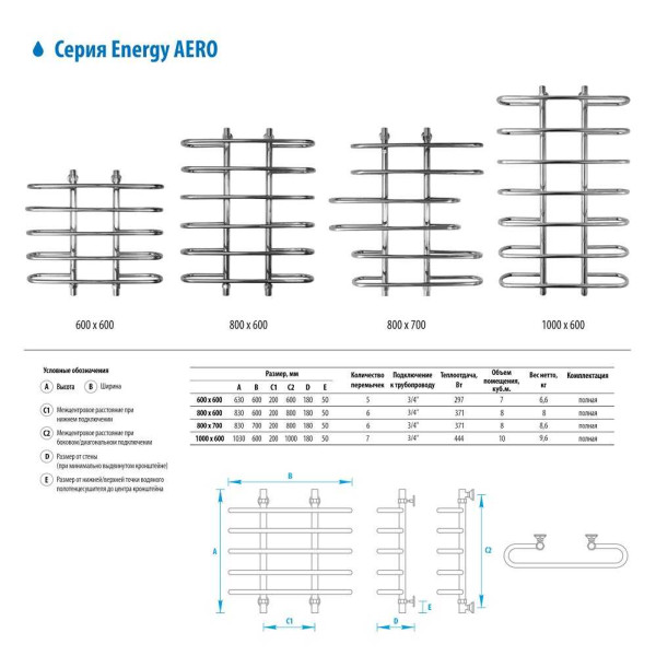 Полотенцесушитель водяной Energy Aero 1000x600
