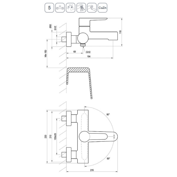 Смеситель для ванны и душа Ravak PU 022.20/150 черный (X070185)