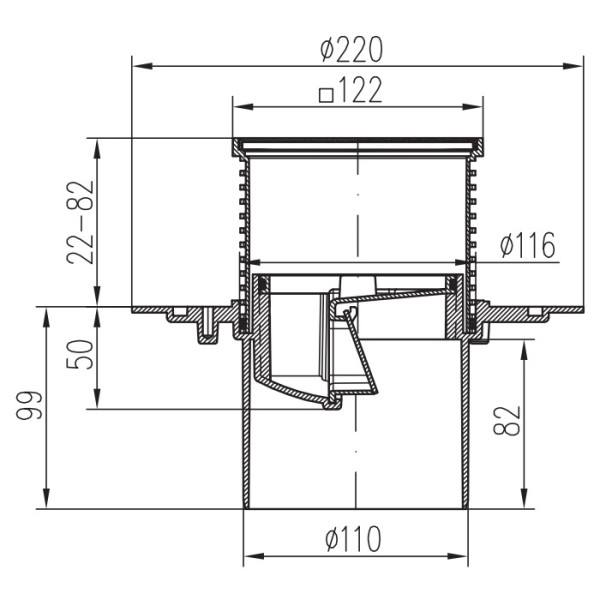 Трап MCH с нижним сливом универсальный DN110 решетка под плитку 100х100х13 рамка нерж. 122х122 (г/з+с/з)