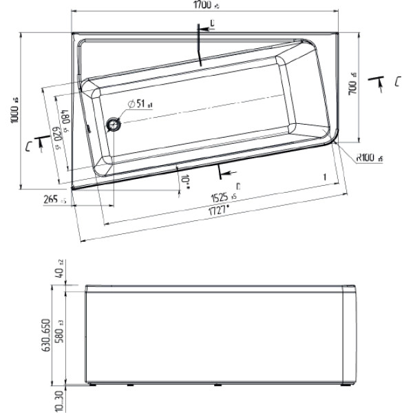 Ванна акриловая 1Marka Direct 170x100 правосторонняя белая (01дир1710п)