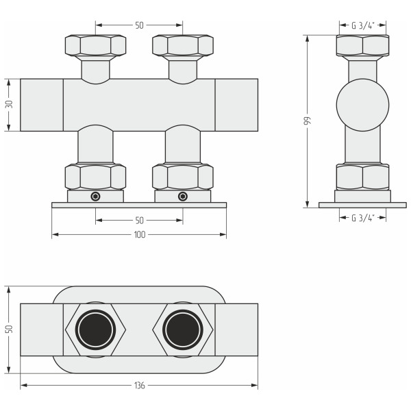 Вентиль Сунержа 2х3/4" прямой скрытый-скрытый EU50 матовый белый (30-1419-3434)