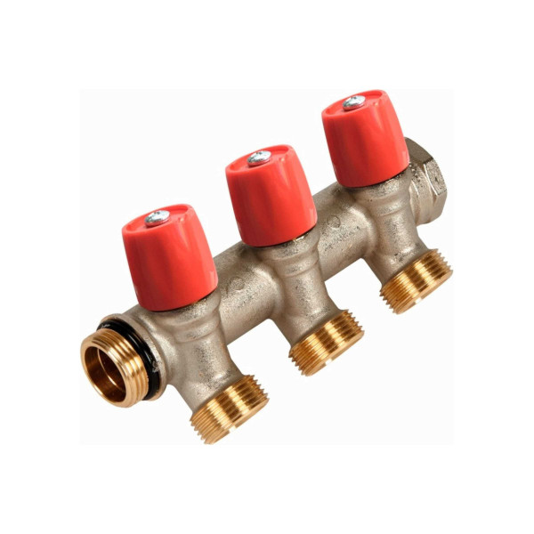 Коллектор VBS 3 отв. 3/4"х3/4" НР под евроконус, Henco красные ручки (VBS050503-RO)