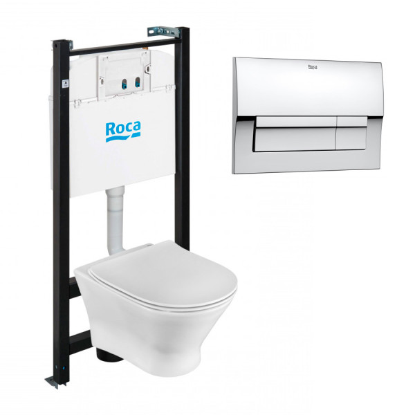 Инсталляция для подвесного унитаза Roca FARO с подвесным унитазом, с сиденьем микролифт+клавиша Roca Active В01, хром глянец (Z.RU93.0.761.3)