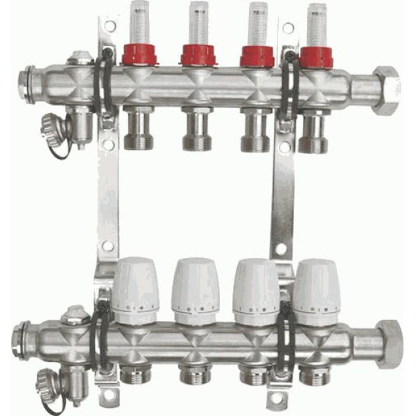 Коллекторная группа 4 отвода 1"*3/4"(18)EK с накидной гайкой и расходомерами TeRma (нерж.ст) (14257)