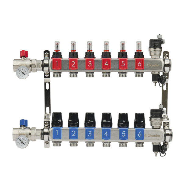 Коллекторная группа 6 отводов 1"*3/4"(18) ЕК с расходомерами Okseler (нерж.ст) с автоматическими воздухоотводчикоми и шаровыми кранами с термометрами
