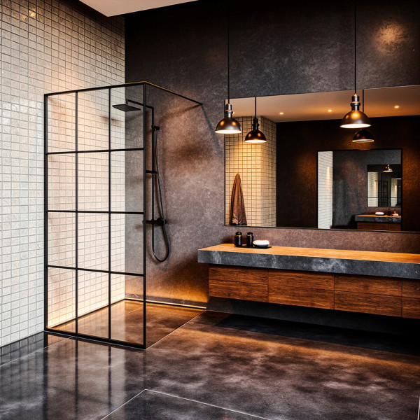 Душевое ограждение Loranto Walk-In 90x200 стекло прозрачное/лофт клетка, профиль черный матовый (CS-W02B-90)