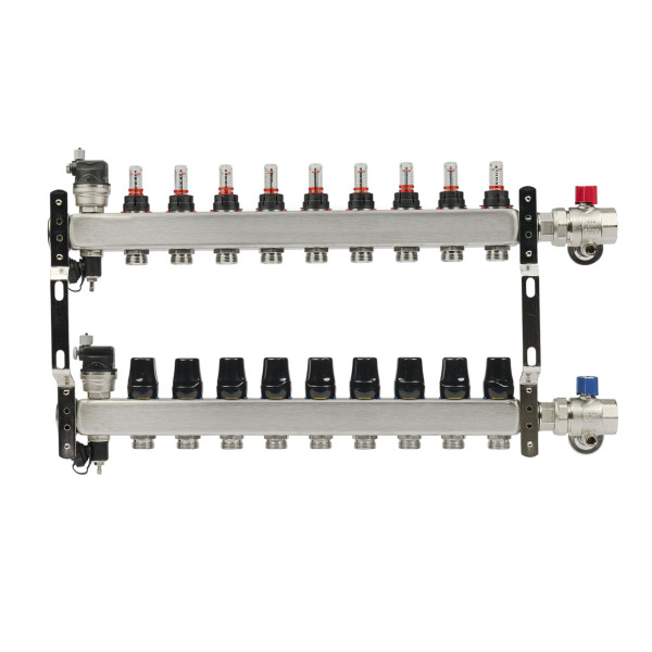 Коллекторная группа 9 отводов 1"*3/4"(18) ЕК с расходомерами Okseler (нерж.ст) с автоматическими воздухоотводчикоми и шаровыми кранами с термометрами Коллекторная группа 9 отводов 1"*3/4"(18) ЕК с расходомерами Okseler (нерж.ст) с автоматическими воздухоотводчикоми и шаровыми кранами с термометрами