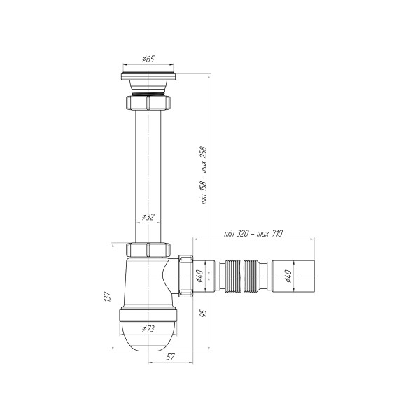 Сифон 32 мм. (1 1/4"*40 мм.) бутылочный АНИ с выпуском 1 1/4"*65 мм., с гибкой трубой 40*40 АНИ пласт (C1005)
