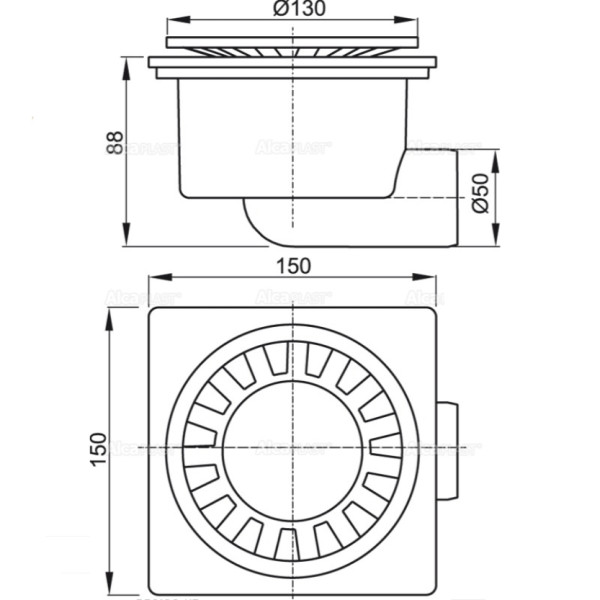 Душевой трап Alcaplast 150*150/50 боковой сток, решетка белая, гидрозатвор мокрый (APV15)