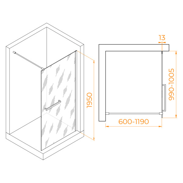 Душевое ограждение RGW Walk In 100x195 стекло прозрачное, профиль черный (35104010-14)