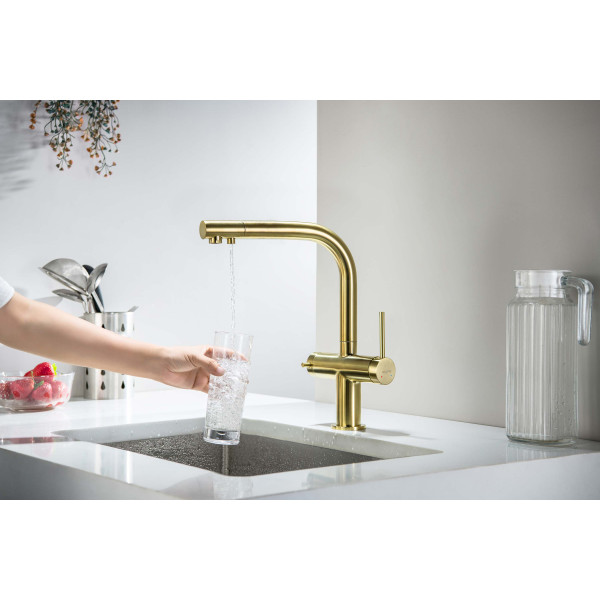 Смеситель для кухни Aquatek Европа с подключением к фильтру питьевой воды, шлифованное золото (AQ1385BG)