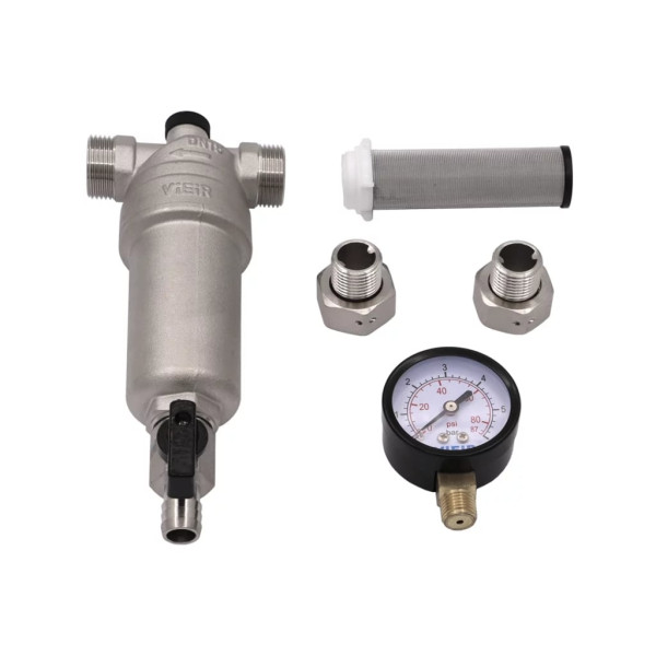 Фильтр с манометром самоочищающийся 1" со сгонами для гор. воды Vieir (никель) (JH155-N) Фильтр с манометром самоочищающийся 1" со сгонами для гор. воды Vieir (никель) (JH155-N)