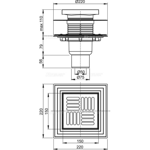 Трап сливной AlcaPlast 150х150/50/75 мм (прямой подвод, нерж. решетка, сухой/гидрозатвор) (APV4444)