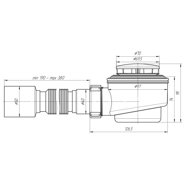 Сифон для душевого поддона АНИ 1 1/2"*50 (h=74 мм.) с гибкой трубой 375*40/50 (хром) АНИ пласт (E415C)