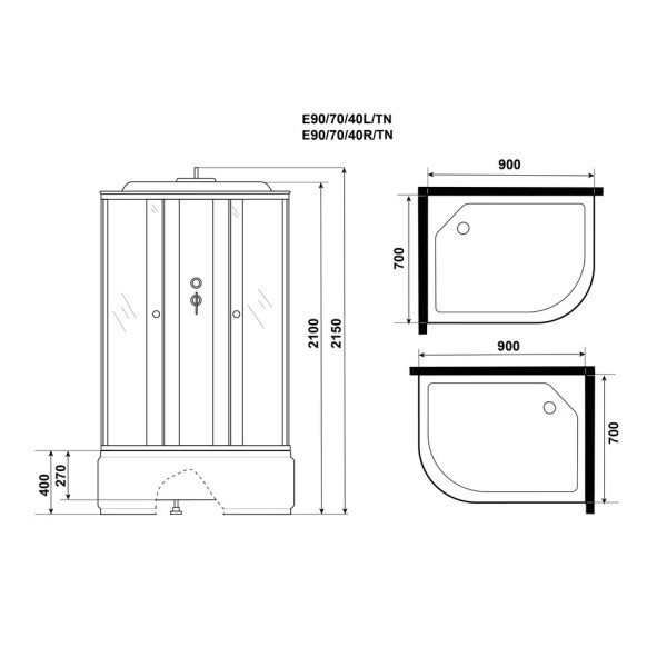 Душевая кабина 70x90 стекло тонированное, профиль хром матовый (E90/70/40R/TN)