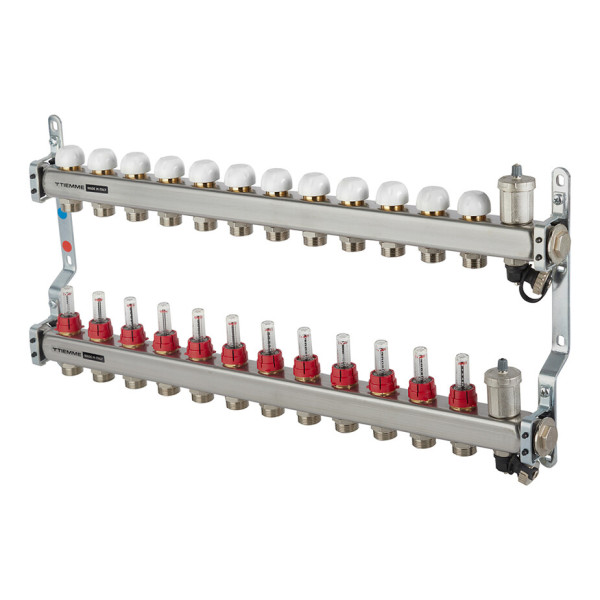 Коллекторная группа Tiemme 12 отводов 1"-3/4" НР ЕК M30х1,5 мм. с расходомерами (нерж.ст) (3920138)