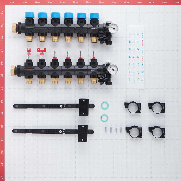 Коллекторная группа Henco 6 отводов 1"-3/4" НР ЕК M30х1,5 мм. с расходомерами и термометрами (композит) (UFH-0605MDK06-03L)