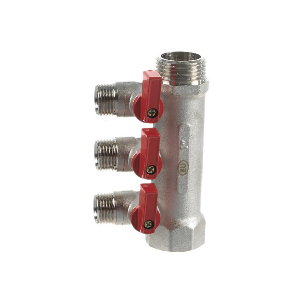Коллектор 3 отв. с шар. клапанами 1*1/2"(16) (никель) Kromwell красные ручки (EU.ST3042285 3x1x12_k)