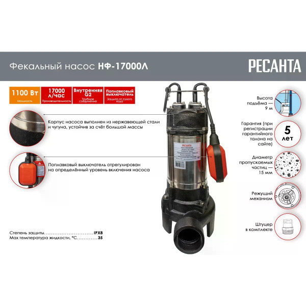 Насос фекальный Ресанта НФ-17000Л (77/5/3) Насос фекальный Ресанта НФ-17000Л (77/5/3)