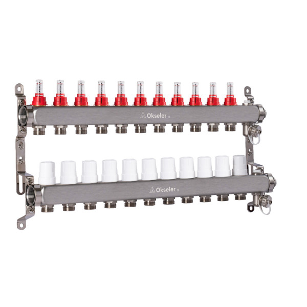 Коллекторная группа 11 отводов 1"*3/4"(18) ЕК с расходомерами Okseler (нерж.ст) с дренажным краном и краном Маевского (Oks00321)