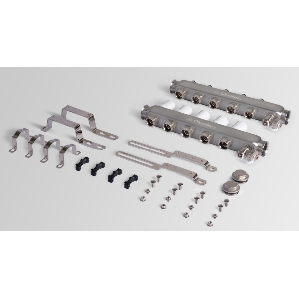 Коллекторная группа 5 отводов 1"*3/4"(18) ЕК с регулировочными клапанами Okseler (нерж.ст) с дренажным краном и краном Маевского (Oks00304)