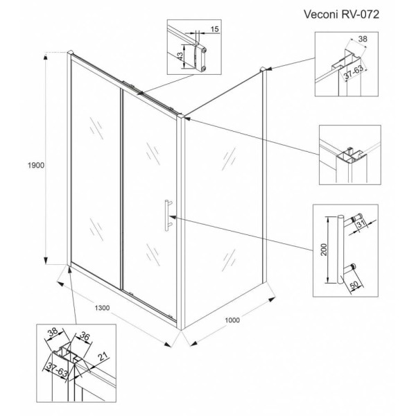 Душевой уголок Veconi RV072 130х100 стекло прозрачное, профиль хром (RV072-130100-01-C4)