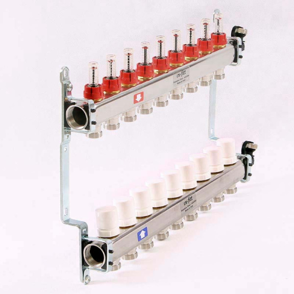 Коллекторная группа Uni-Fitt 7 отводов 1"х3/4" с расходомерами и термостатическими вентилями нерж. сталь Коллекторная группа Uni-Fitt 7 отводов 1"х3/4" с расходомерами и термостатическими вентилями нерж. сталь