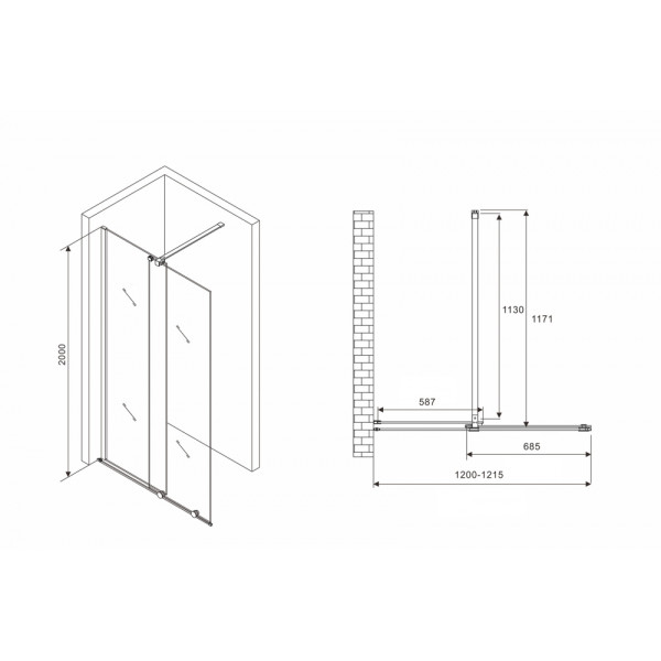 Душевая стенка Abber Komfort 120x200 стекло прозрачное, профиль черный (AG09120B)