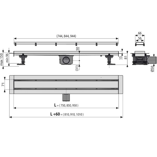 Лоток душевой AlcaPlast с двухсторонней решеткой Alcadrain (AG071401850/APZ13-DOUBLE9-850)