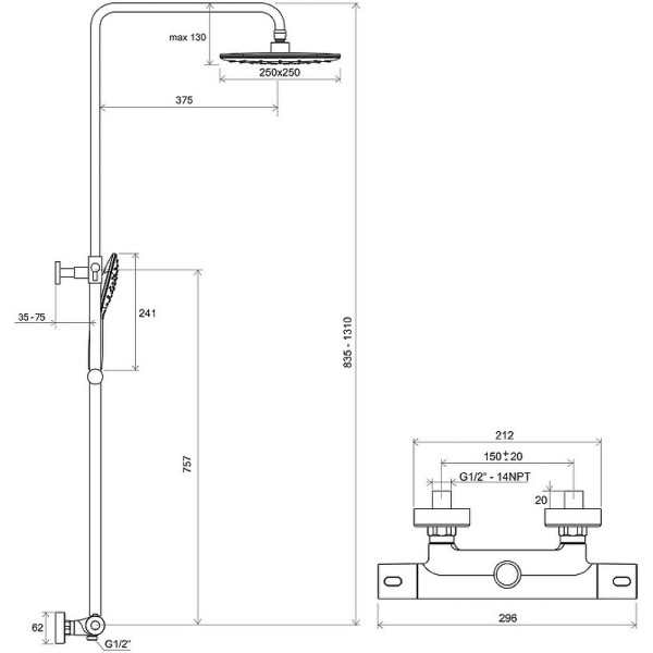 Душевая система Ravak 093.00/150 с термостатом хром белый (X070099)