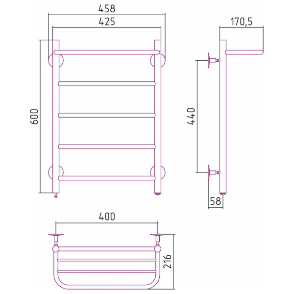 Полотенцесушитель электрический Стилье Формат 30 Л 600x400 (Полка + 4) П16, хром (00531-6040) Полотенцесушитель электрический Стилье Формат 30 Л 600x400 (Полка + 4) П16, хром (00531-6040)