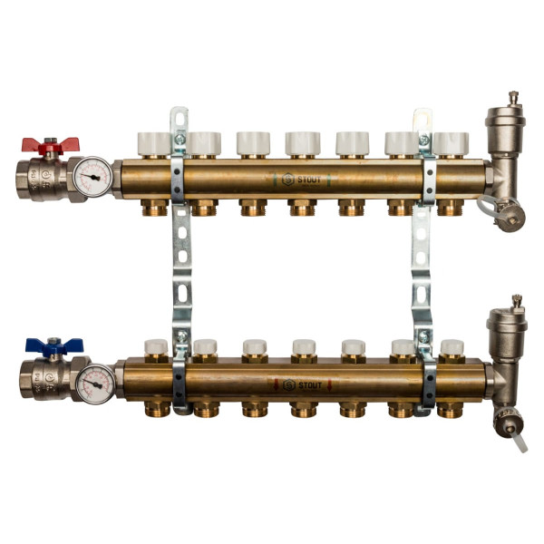 Коллекторная группа 7 отводов 1"x3/4"(18)EK в сборе без расходомеров Stout (латунь) (SMB-0468-000007)