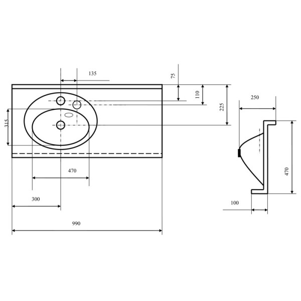 Раковина подвесная Акватон Отель 3/1000 990х470х250 L (1A70073NOT01L)