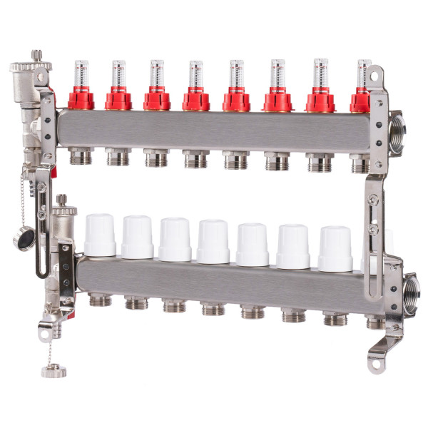 Коллекторная группа 8 отводов 1"*3/4"(18) ЕК с расходомерами Okseler (нерж.ст) с автоматическим воздухоотводчиком и спускным краном (Oks00346)