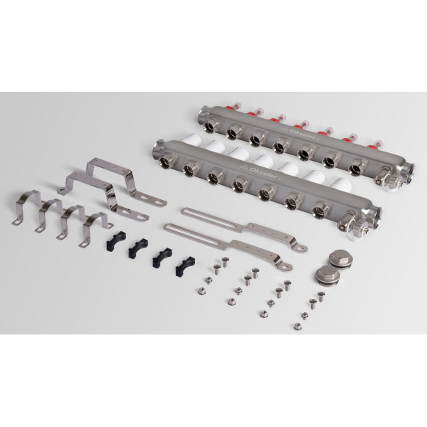 Коллекторная группа 7 отводов 1"*3/4"(18) ЕК с расходомерами Okseler (нерж.ст) с дренажным краном и краном Маевского (Oks00317)