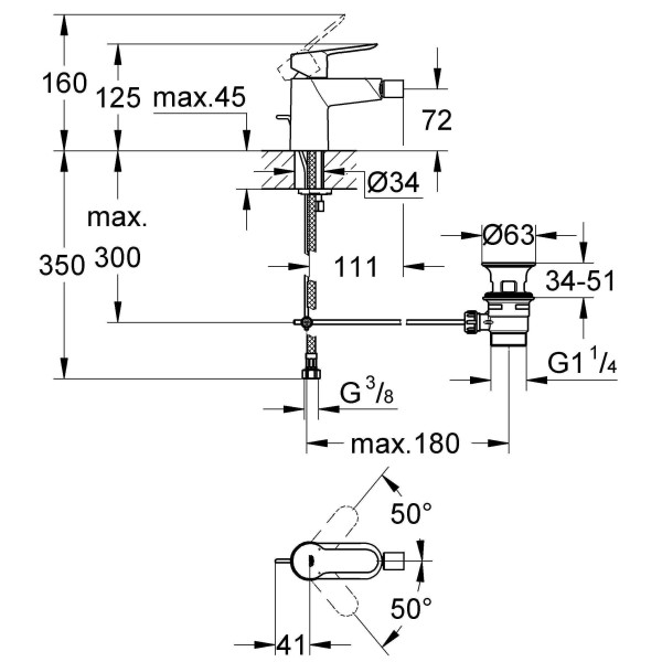 Смеситель для биде Grohe BauEdge с донным клапаном (23331000)