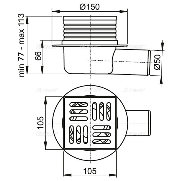 Душевой трап Alcaplast 105*105/50 боковой сток, решетка нержавеющая сталь, гидрозатвор мокрый (APV26)