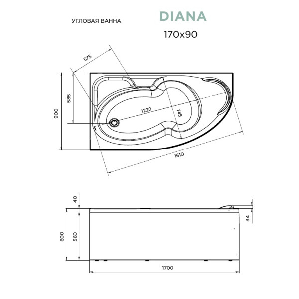 Ванна акриловая 1Marka Diana 170x90 левосторонняя белая (01ди1790л)