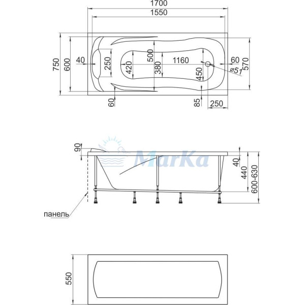 Ванна акриловая 1Marka Calypso 170x75 белая (01каи1775)
