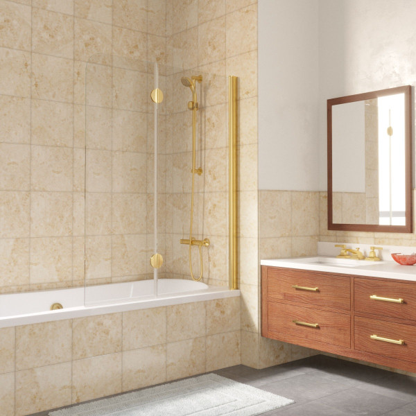 Душевая шторка на ванну Vegas Glass 120х140 E2V 120 09 01 R профиль золото, стекло прозрачное