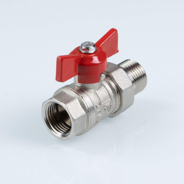 Кран 1 1/4" шаровый со сгоном Valtec Стандарт никелированный (ГОСТ, красная бабочка) VT.127.N.07