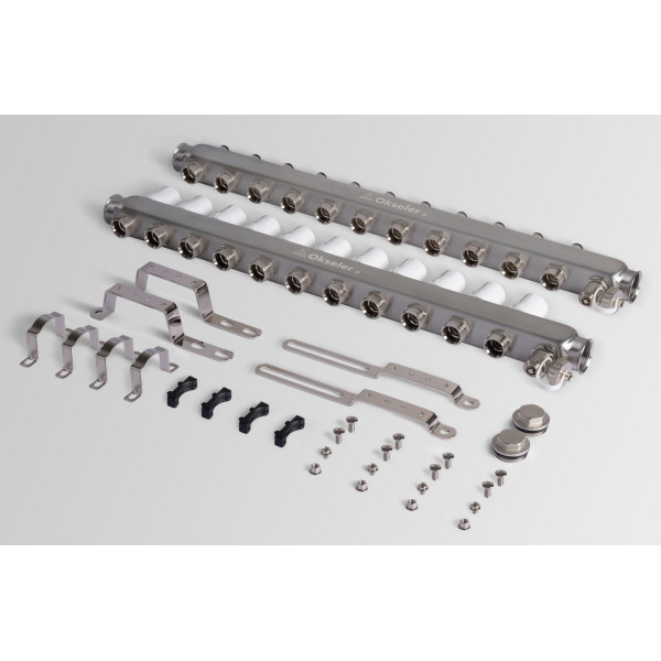 Коллекторная группа 11 отводов 1"*3/4"(18) ЕК с регулировочными клапанами Okseler (нерж.ст) с дренажным краном и краном Маевского (Oks00310)