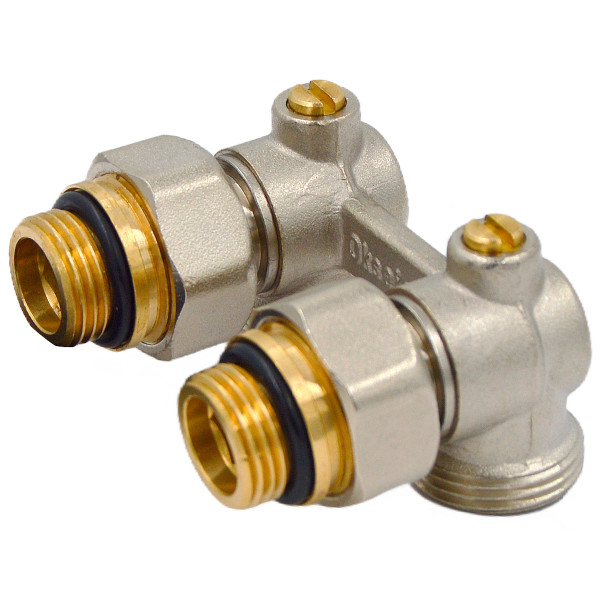 Фитинг двойной угловой со встроенным шаровым краном Okseler с комплектом адаптеров 1/2"х3/4" (oks00390)