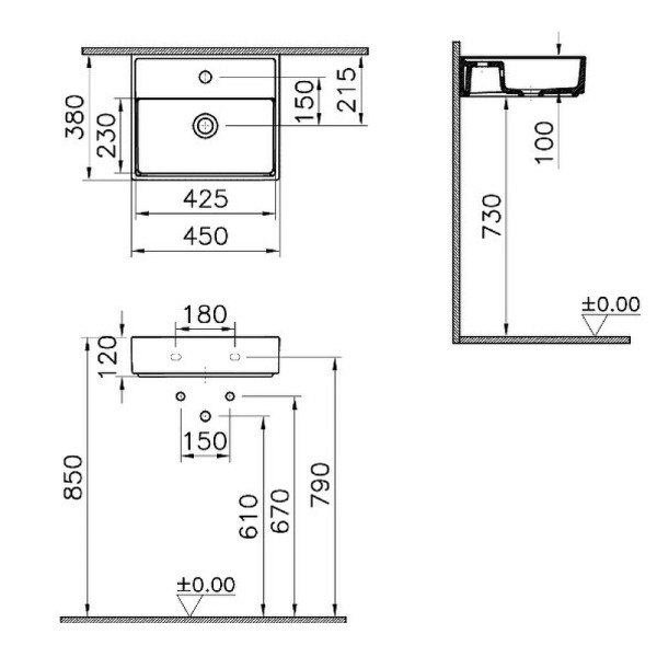 Раковина подвесная Vitra ArchiPlan c отверстием под смеситель 45 см белая (7400B003-0001)