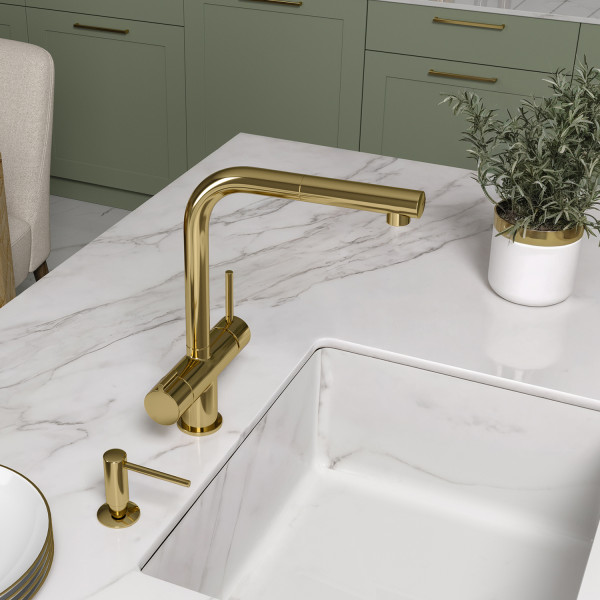 Смеситель для кухни WasserKRAFT с переключателем на фильтр, с выдвижным изливом золотой (A8977)